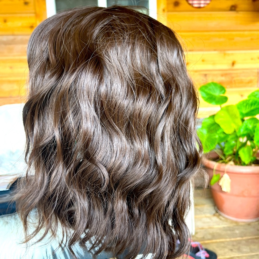 16 in chocolate synthetic wig super cute and adjustable.